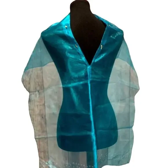 Handmade Upcycled Shiny Beaded Aqua Blue Lightweight Formal Sheer Poncho - Picture 8 of 8